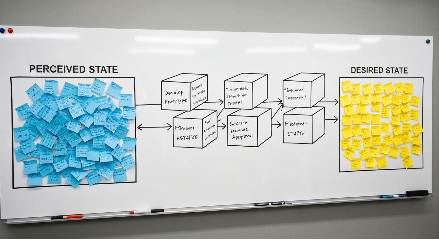 A wall-sized whiteboard displaying a backward planning process diagram. On the left, a box labelled "Currently Perceived State" is filled with chaotically placed blue sticky notes. On the right, a box labelled "Desired State" is filled with more orderly yellow sticky notes.