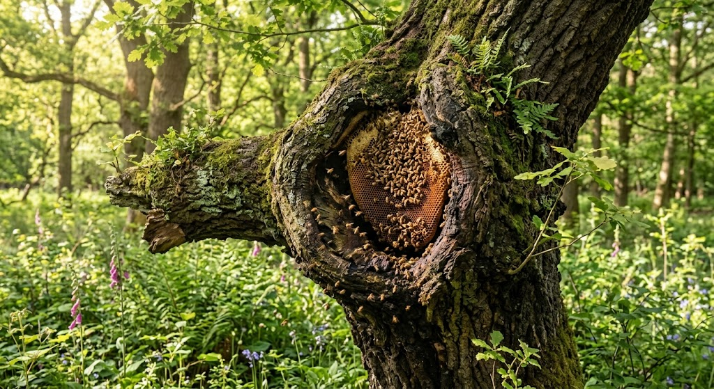 European honeybee beehive in tree