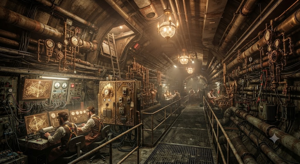 A vast underground network of pipes, cables, and tunnels beneath a city, with junction boxes, monitoring equipment, and control stations at intervals. The network stretches into darkness in all directions.