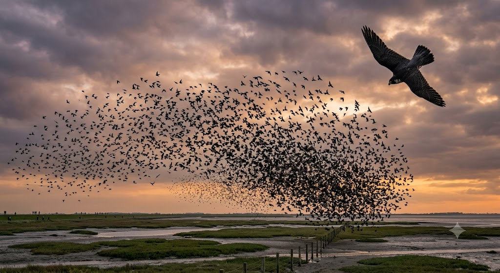 a starling murmuration folding away from a stooping peregrine. Think the Danish Sort Sol (Black Sun) over the Wadden Sea marshes, or the Rome flocks. Thousands as one, no commander.