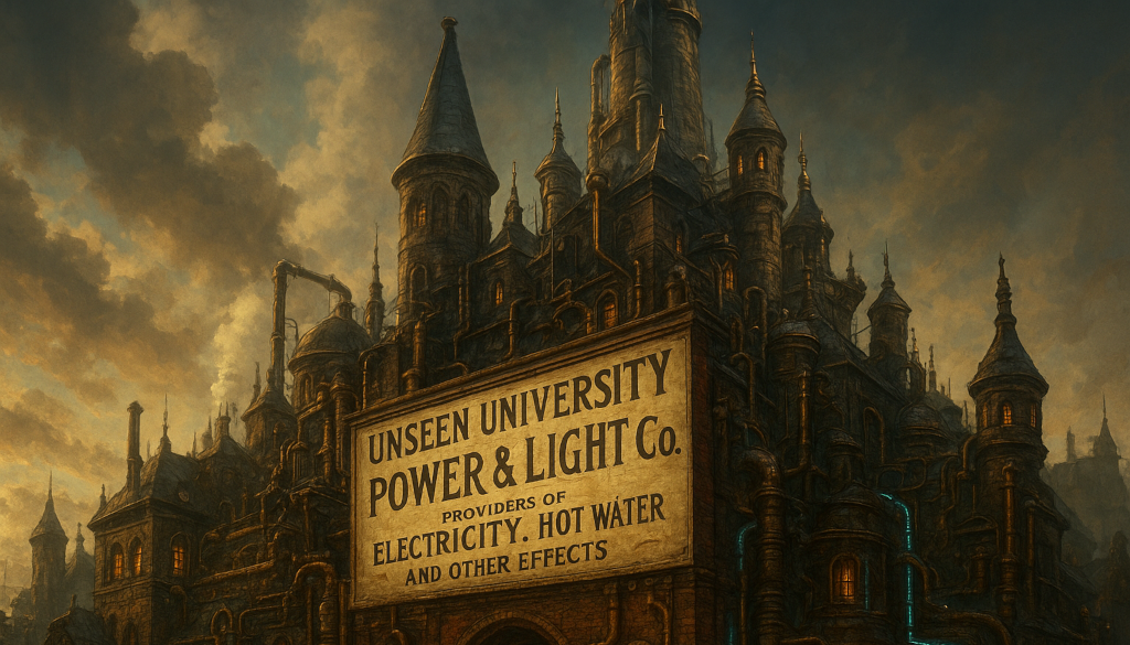 A dark brick and stone power station at dusk under a heavy ochre sky, its roofline a crowd of spires, turrets and conical caps more like a university than a works. Brass pipework and a smoking stack run up the left side, a few windows lit orange, one conduit glowing cold blue at the lower right. A large painted board is fixed across the frontage, its lettering weathered but legible: UNSEEN UNIVERSITY POWER & LIGHT Co., PROVIDERS OF ELECTRICITY, HOT WATER AND OTHER EFFECTS.