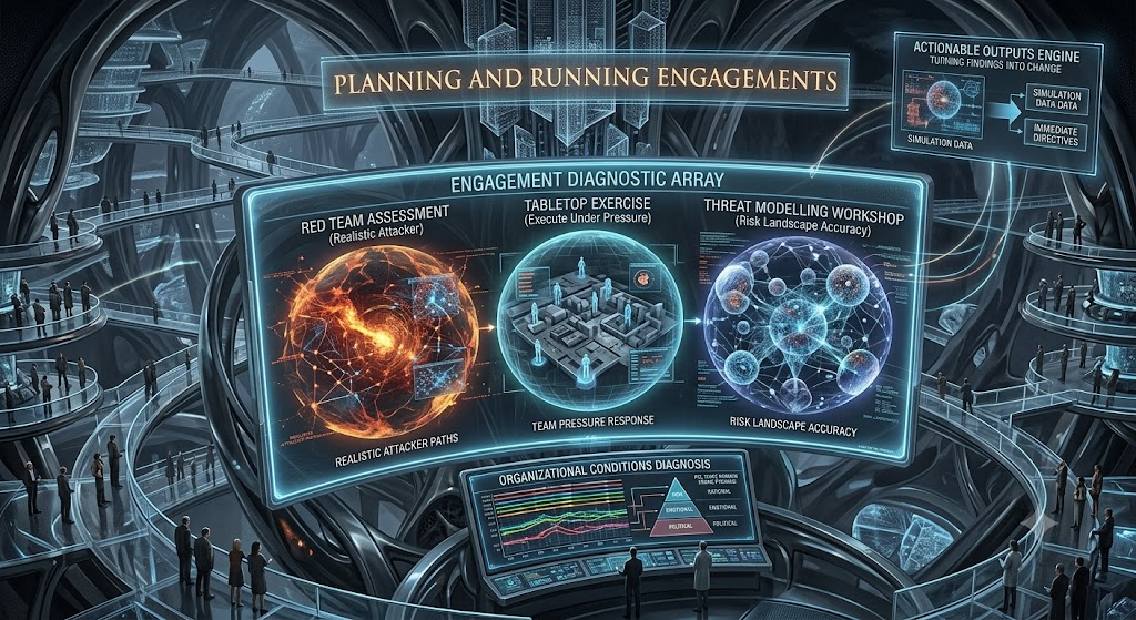 A massive, curved, holographic console, an "Engagement Selector Matrix."