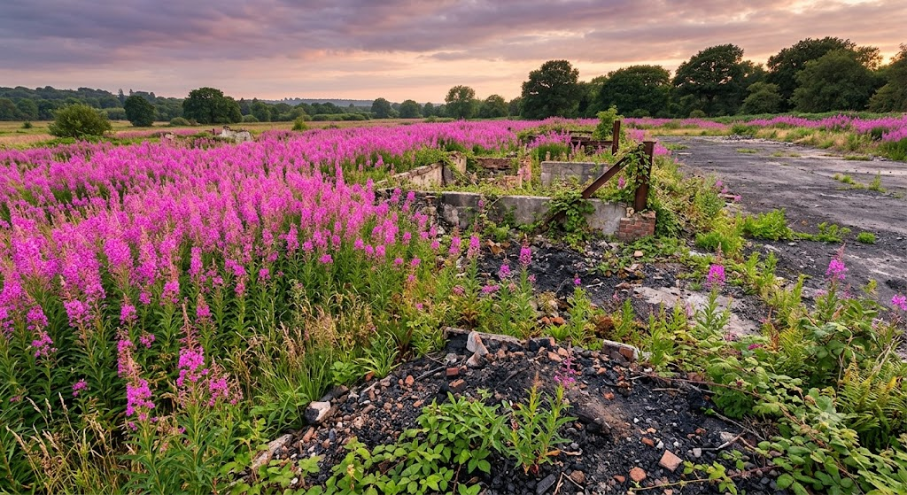 rosebay willowherb blazing pink across burnt or cleared ground. In Britain it's fireweed, the "bombweed" that carpeted WWII bomb sites, recovery as the ground's own reflex.