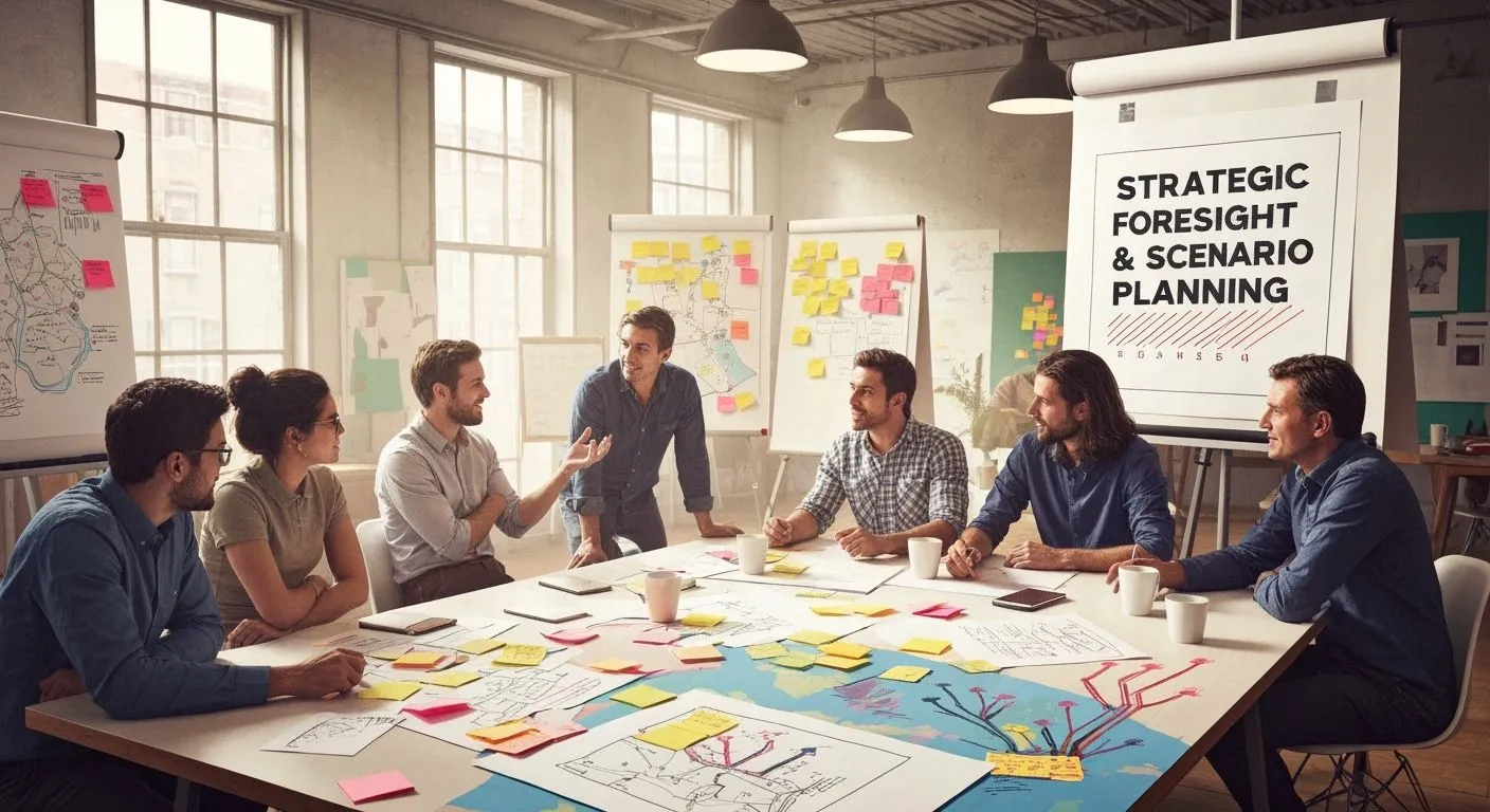 A large wooden table in a modern sunlit co-working space, covered with hand-drawn maps, vibrant flip charts with coloured sticky notes, and team members in engaged discussion. Large windows flood the room with light.