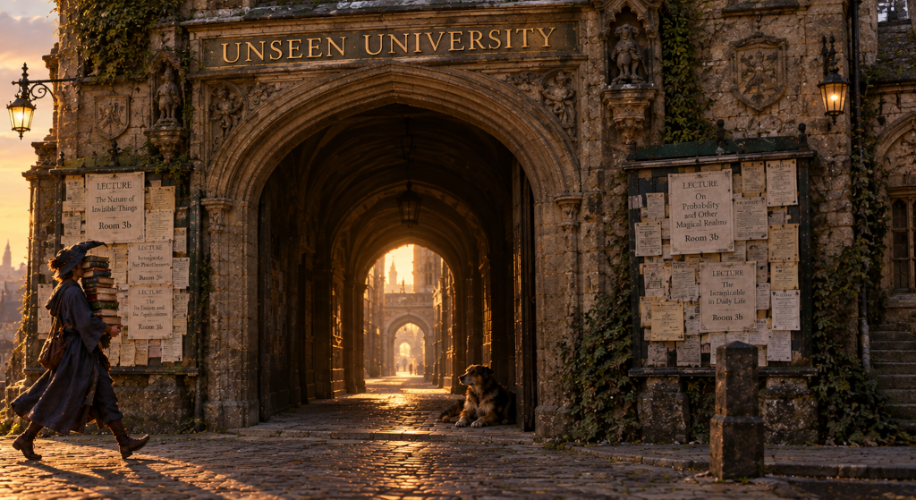 A university gatehouse of ancient stone on a cobbled street at golden hour, its arch deep enough to be dark at the back. Carved above the arch, one gilded word: UNSEEN. Notice boards flank the gate, thick with overlapping bills in small print too fine to read, several of them announcing lectures in a room numbered 3b. Through the arch the buildings recede further than the frontage should allow, corridor behind corridor in the low sun. A student crosses the cobbles carrying a stack of books taller than his head. A dog lies in the gateway watching the street rather than the university.