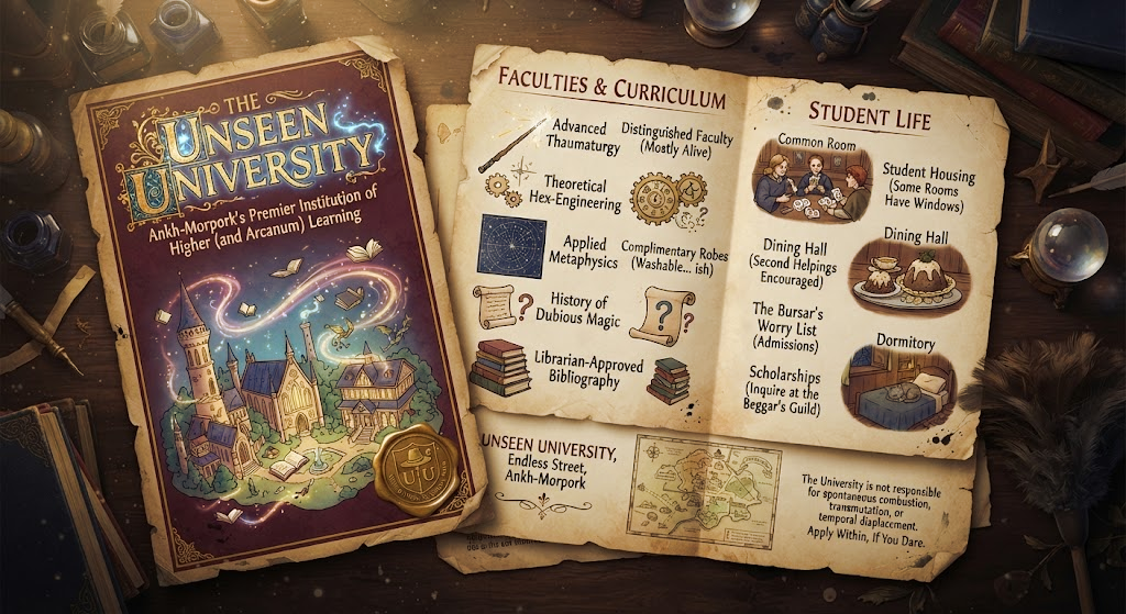 An open brochure on a cluttered desk beside ink bottles, quills, glass spheres and stacked books. The cover reads THE UNSEEN UNIVERSITY, Ankh-Morpork's Premier Institution of Higher (and Arcanum) Learning, over an illustration of towers and lawns with books and ribbons of light drifting between them, and carries a gold wax seal stamped UU. The left inner page is headed FACULTIES & CURRICULUM and lists Advanced Thaumaturgy, Distinguished Faculty (Mostly Alive), Theoretical Hex-Engineering, Applied Metaphysics, Complimentary Robes (Washable, ish), History of Dubious Magic and Librarian-Approved Bibliography. The right inner page is headed STUDENT LIFE and lists the Common Room, Student Housing (Some Rooms Have Windows), the Dining Hall (Second Helpings Encouraged), the Bursar's Worry List, Scholarships (Inquire at the Beggar's Guild) and a dormitory with a cat asleep on the bed. Along the foot: Unseen University, Endless Street, Ankh-Morpork, a small map, and a note that the University is not responsible for spontaneous combustion, transmutation or temporal displacement. Apply Within, If You Dare.