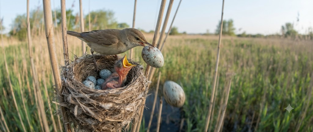 Framed on the host, a reed warbler inspecting and tipping a mismatched cuckoo egg out of the nest, it captures both the deception and the learned detection
